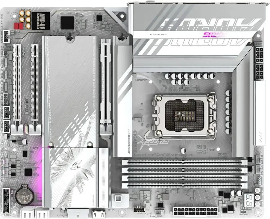 Gigabyte Z890 Aorus Elite WiFi7 Ice вид сверху — сокет LGA 1851, 4 слота DDR5, система охлаждения VRM