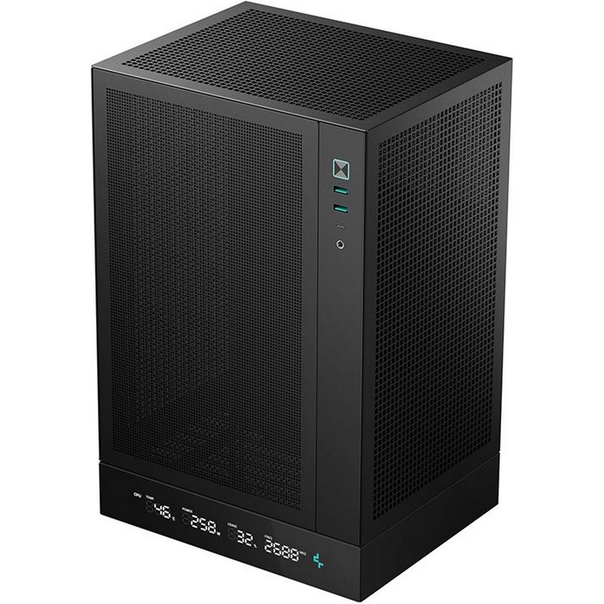 DeepCool CH170 DIGITAL вид спереди — сетчатая панель, LCD-дисплей и порты I/O на боковой панели