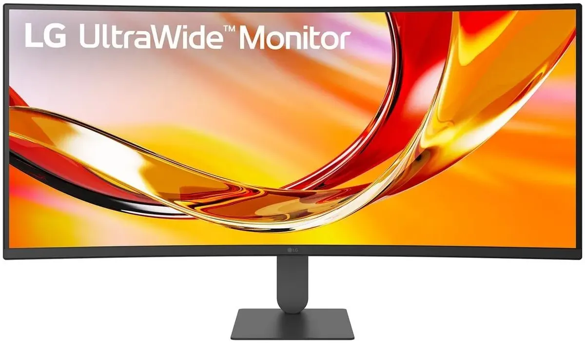 LG UltraWide 34U620B-B вид спереди на подставке с демонстрационным контентом