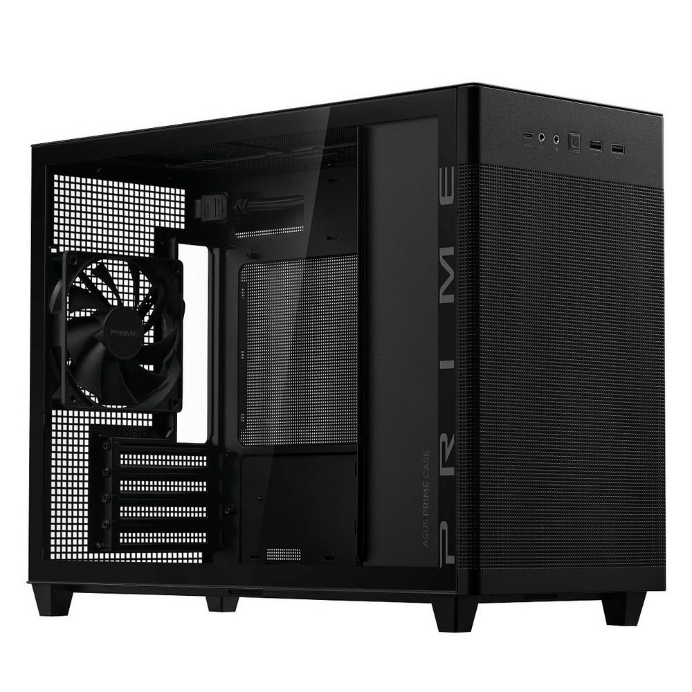 ASUS Prime AP201 вид спереди с открытой боковой панелью — внутренние компоненты, материнская плата Micro-ATX, передние порты USB и аудио