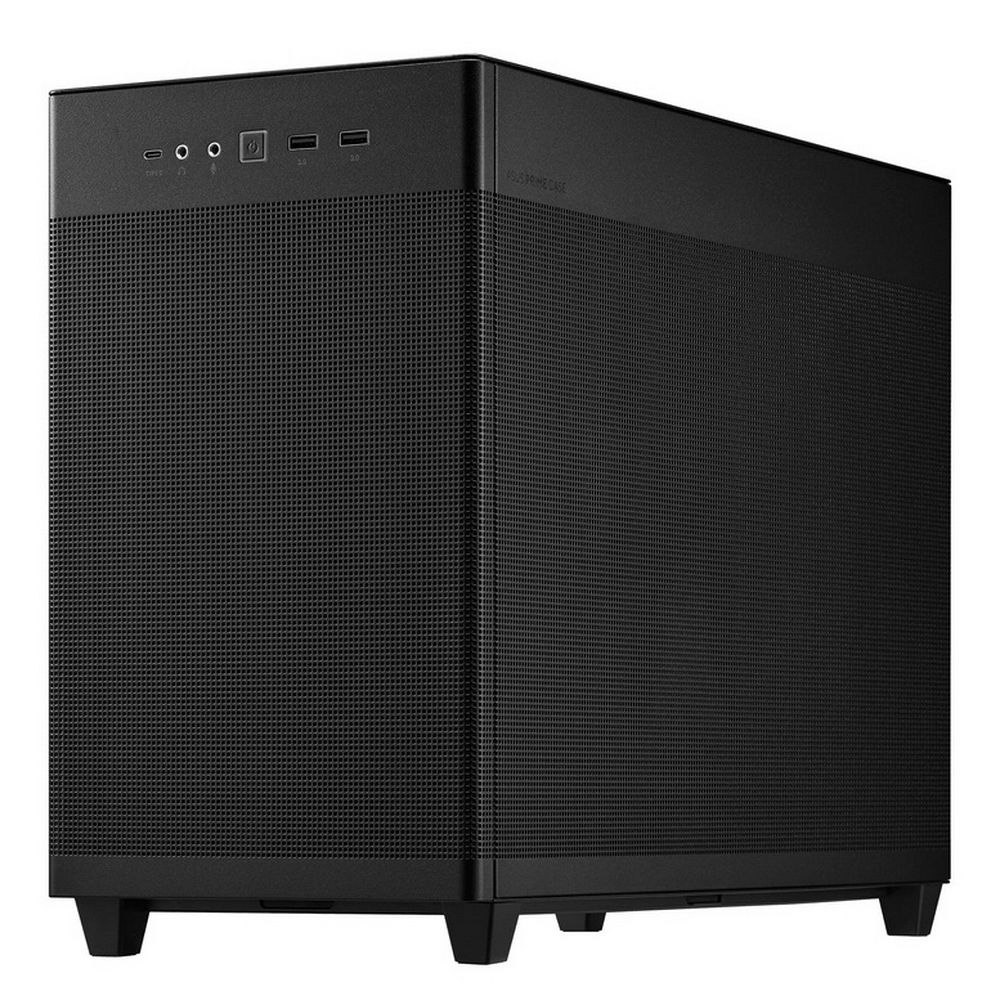 ASUS Prime AP201 вид сбоку и сзади — сетчатая фронтальная панель, передние порты USB и аудио, кнопка питания, минималистичный дизайн