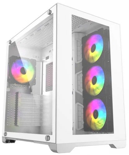 Powercase Vision CVWA-L4 белый корпус вид спереди с ARGB-вентиляторами и прозрачной боковой панелью