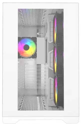 Powercase Vision CVWA-L4 вид сверху внутри корпуса с RGB-вентилятором кулера и вертикальными ARGB-трубками