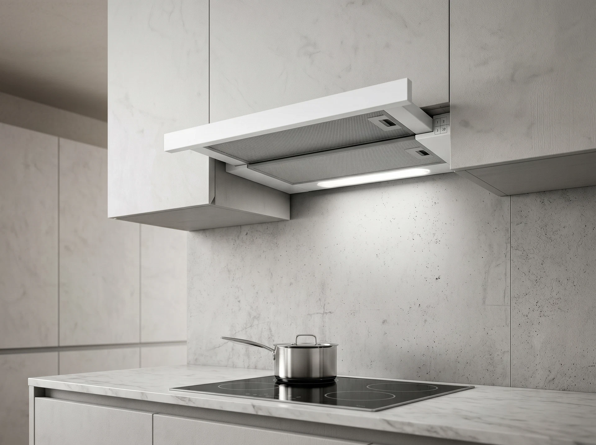 Elica Elite 14 Lux WH/A/50 в интерьере современной белой кухни &mdash; встройка под навесным шкафом