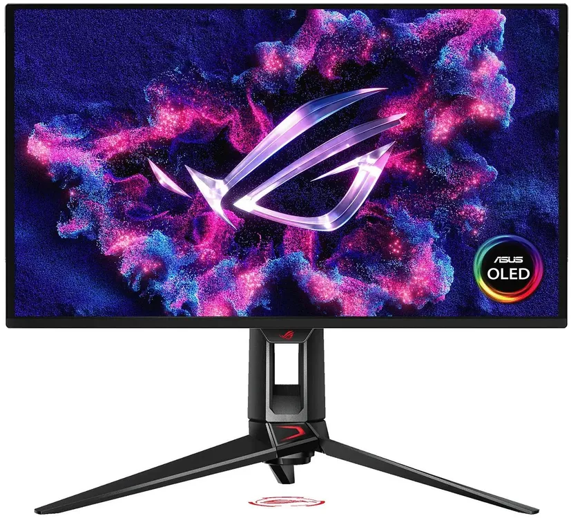 ASUS ROG Swift PG27UCDM вид спереди на подставке с включённым QD-OLED экраном