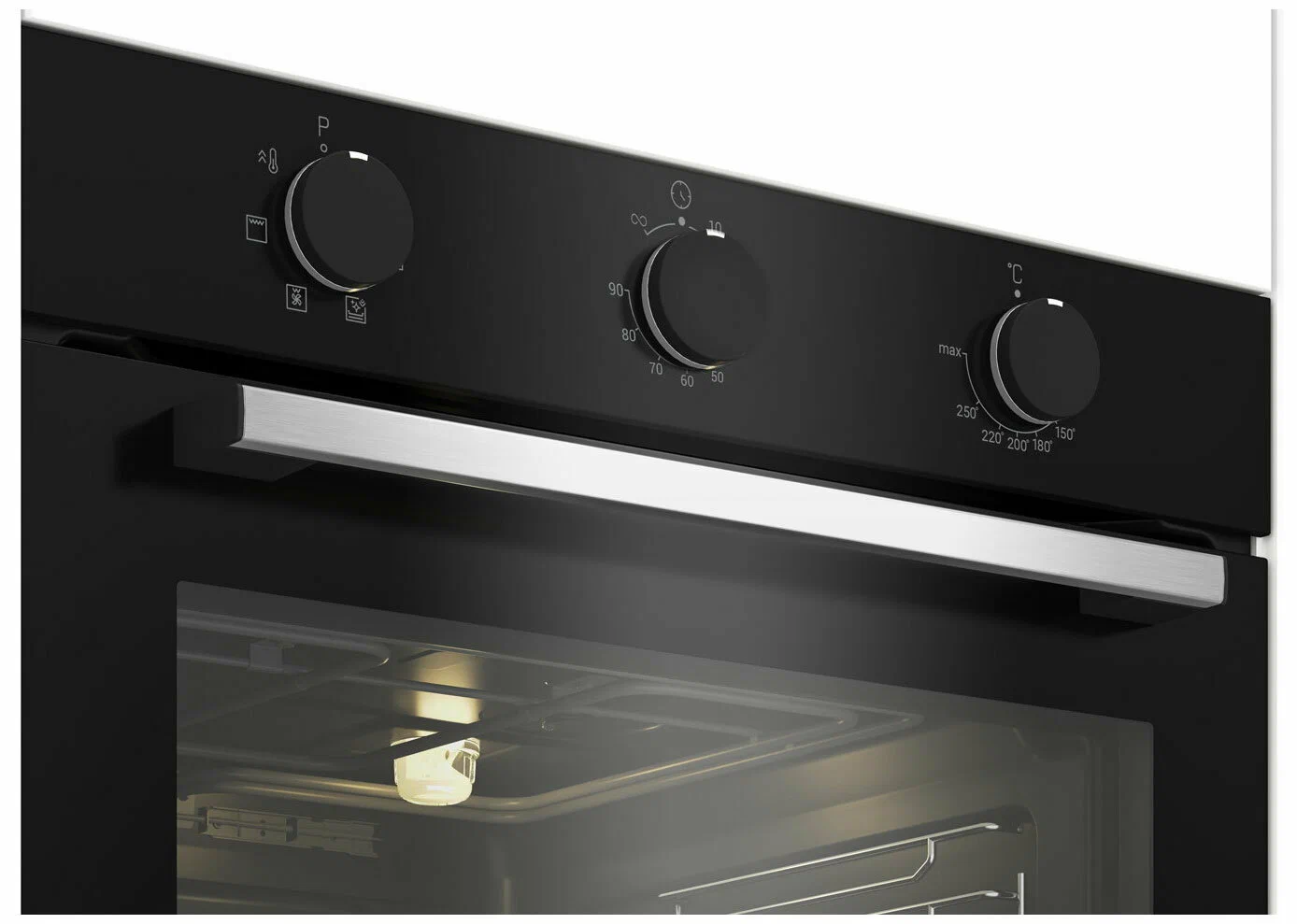 Indesit IFE 3634 BL панель управления с тремя поворотными ручками и открытой дверцей, чёрный корпус