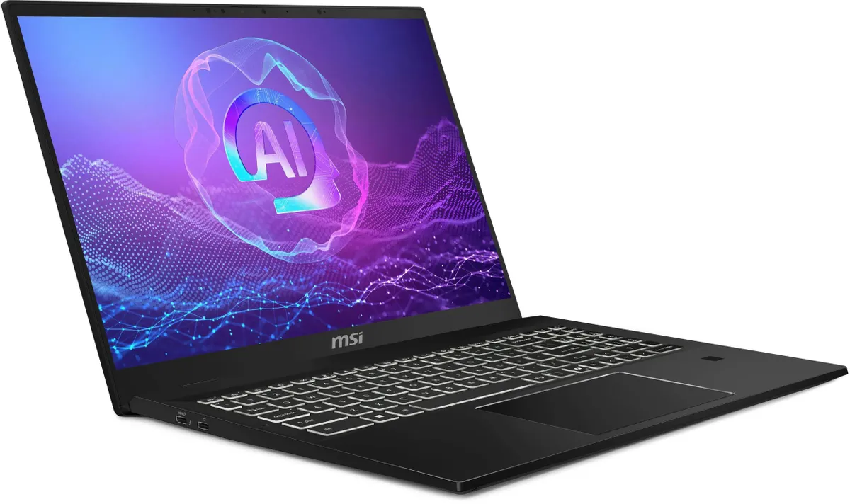 MSI SummitPro 16 AI A2HVETG-084RU вид спереди с AI-интерфейсом на экране и подсветкой клавиатуры