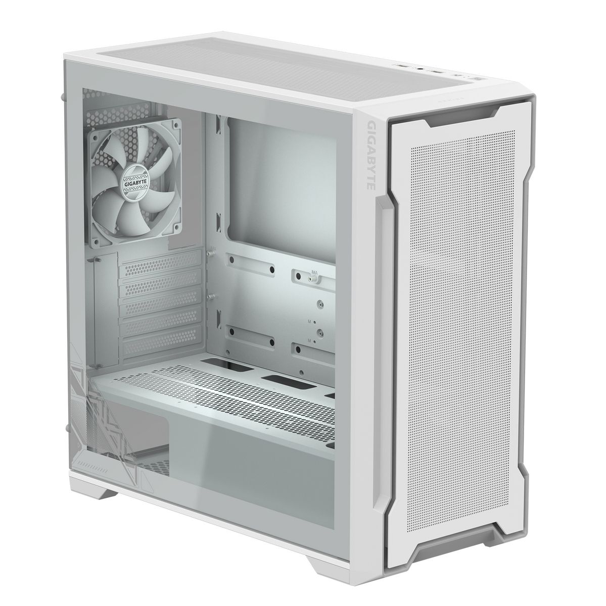 GIGABYTE C102 GLASS ICE вид сверху — сетчатые панели и внутреннее пространство корпуса