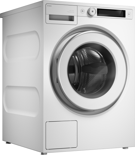 Asko W5114RXLW — боковая панель с рёбрами жёсткости, минималистичный белый корпус, вид сбоку