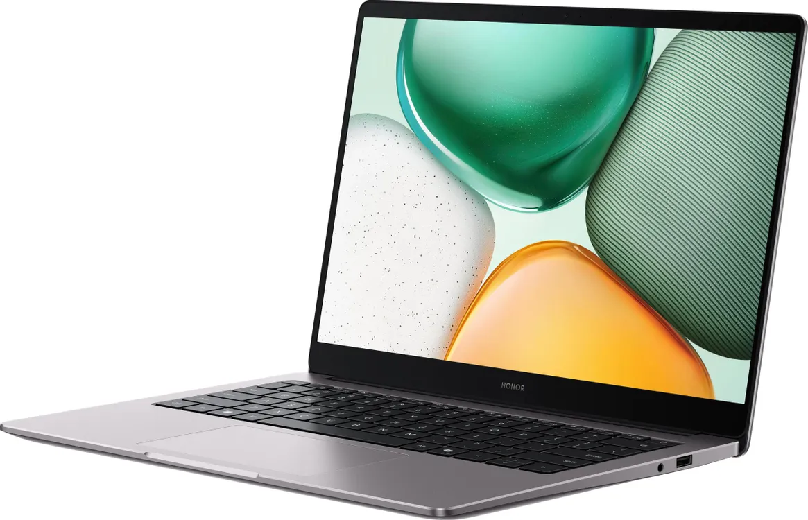 Honor MagicBook X 14 вид спереди под углом с ярким экраном и клавиатурой