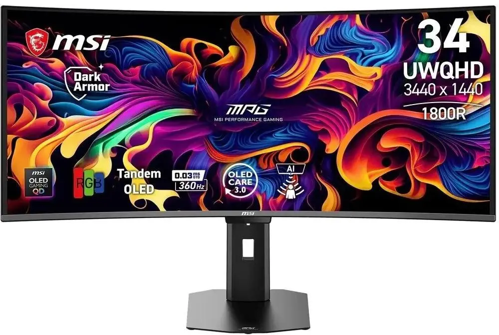 MSI MPG 341CQR вид спереди с ярлыками характеристик 34 дюйма UWQHD 360 Гц Tandem OLED