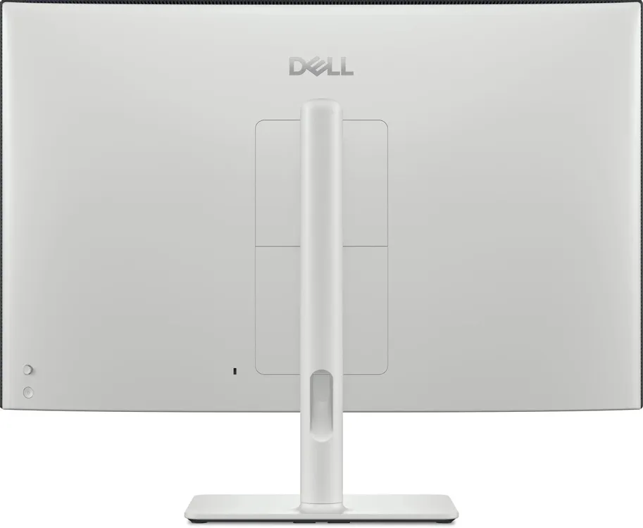 Dell S3225QC вид сзади &mdash; белый корпус, тонкий профиль, подставка и логотип Dell