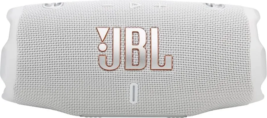 JBL Charge 6 White вид сверху — панель управления с кнопками и логотипом JBL