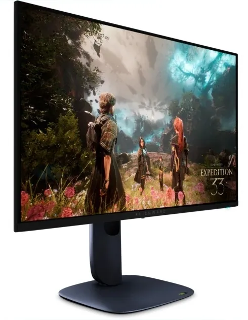Dell Alienware AW2725Q вид спереди под углом на подставке с регулировкой высоты &mdash; игровой контент на экране