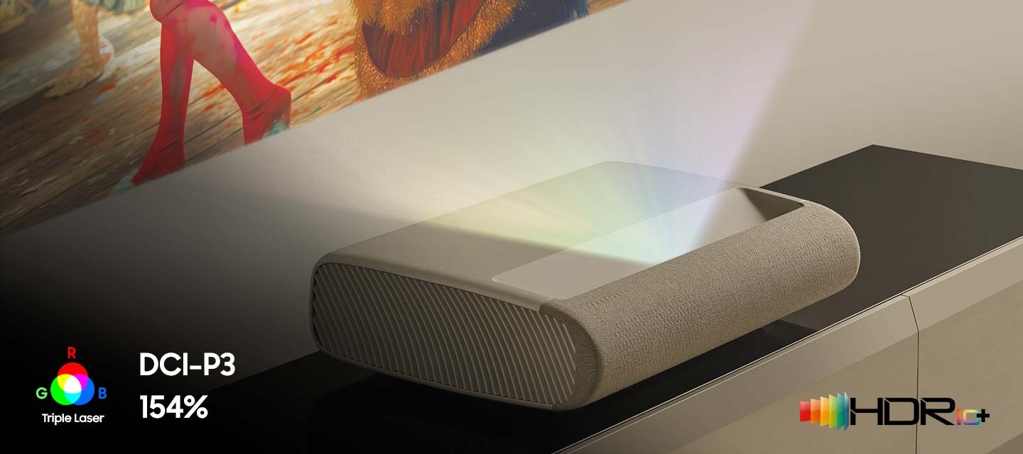 Premiere располагается вплотную к стене, на которую проецирует изображение. HDR 10+ и Triple Laser R, G, B DCI-P3 154% логотипов.
