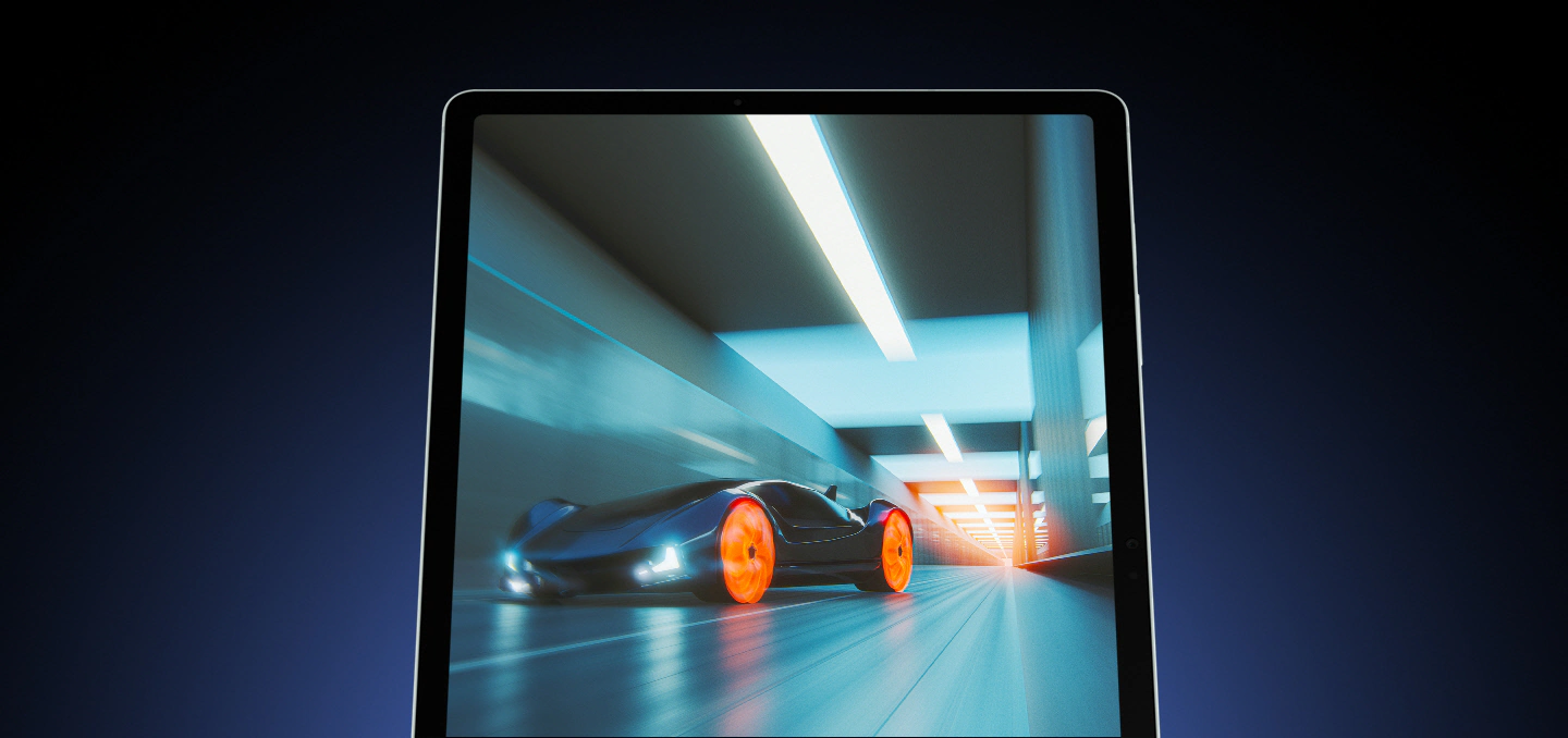 Galaxy Tab S9&nbsp;FE+ показан спереди в портретном режиме, на экране быстро движущийся автомобиль проезжает через туннель, подчеркивая плавность смены кадров.