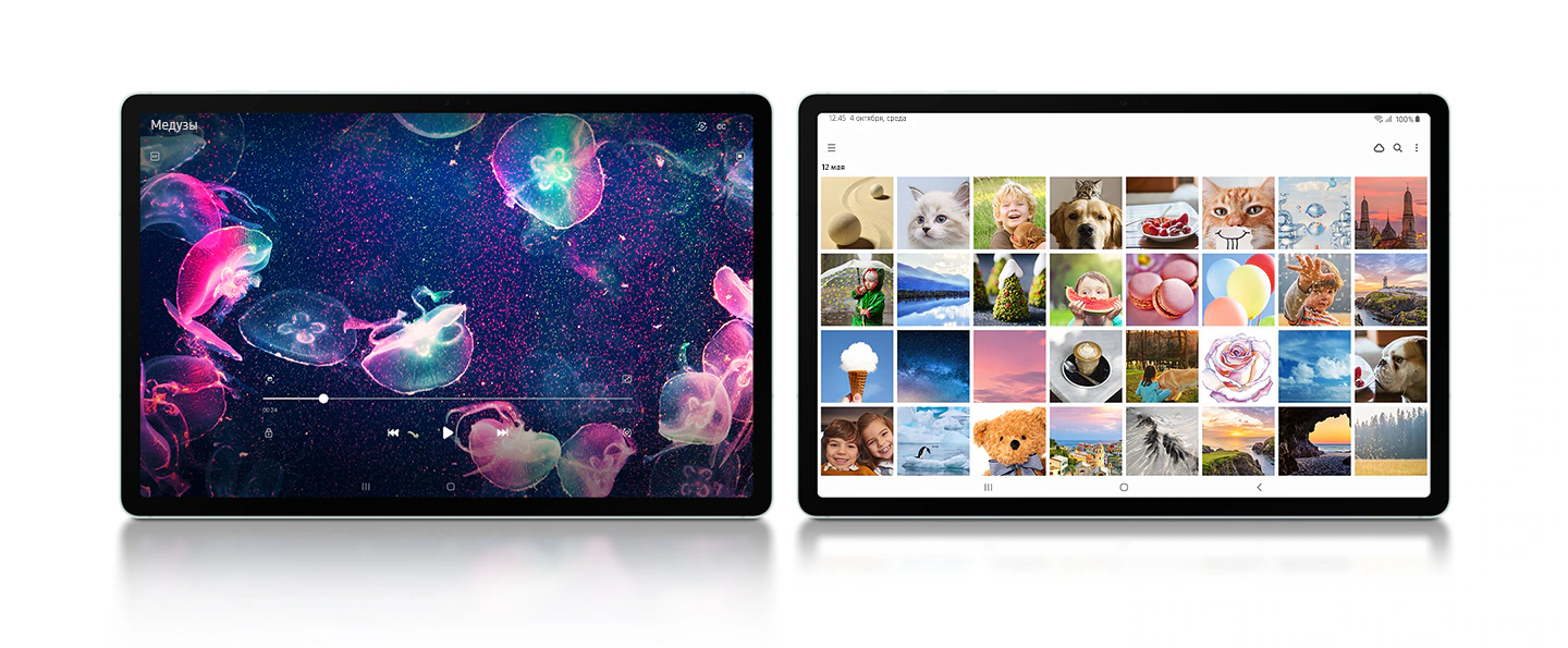 Два устройства Galaxy Tab S9&nbsp;FE+ в мятном цвете показаны спереди рядом друг с другом в горизонтальном режиме. На левом в полноэкранном режиме идет видеоролик с разноцветными медузами. На правом в полноэкранном режиме открыто приложение Samsung Gallery.