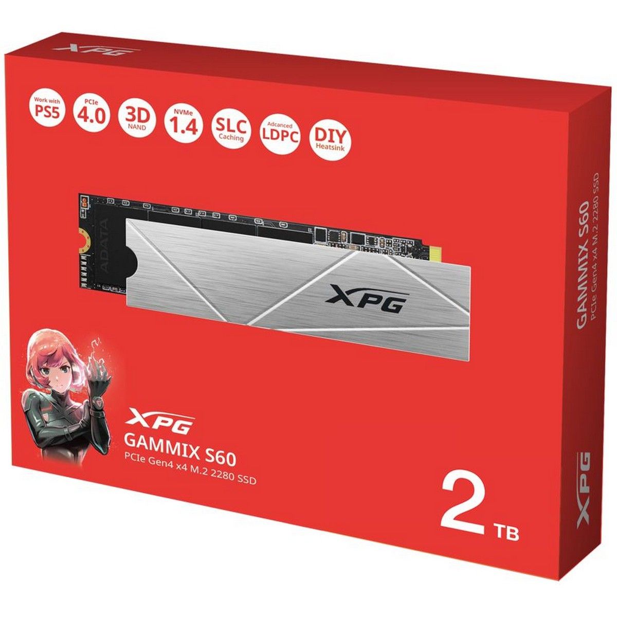 Упаковка ADATA XPG Gammix S60 2TB — красная коробка с маркировкой PCIe 4.0 NVMe и совместимостью с PS5