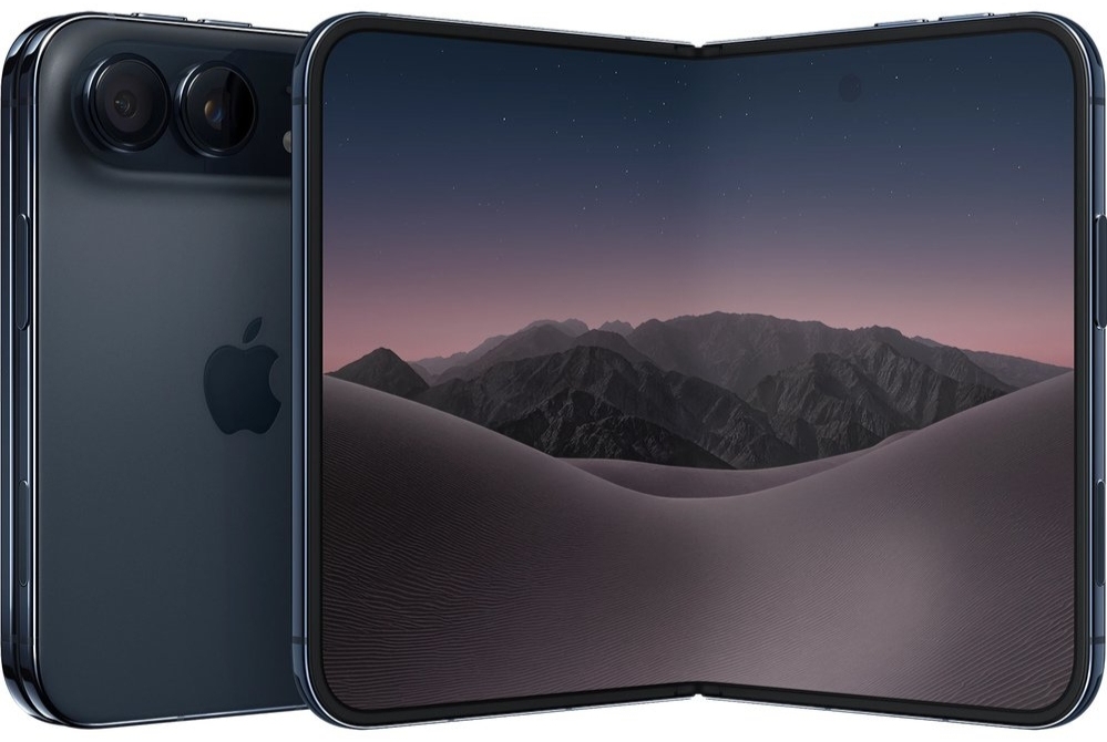 Apple iPhone Duo 256GB Night Sky раскрытый — основной экран 7,6 дюйма с пейзажем, двойная камера 48+48 Мп