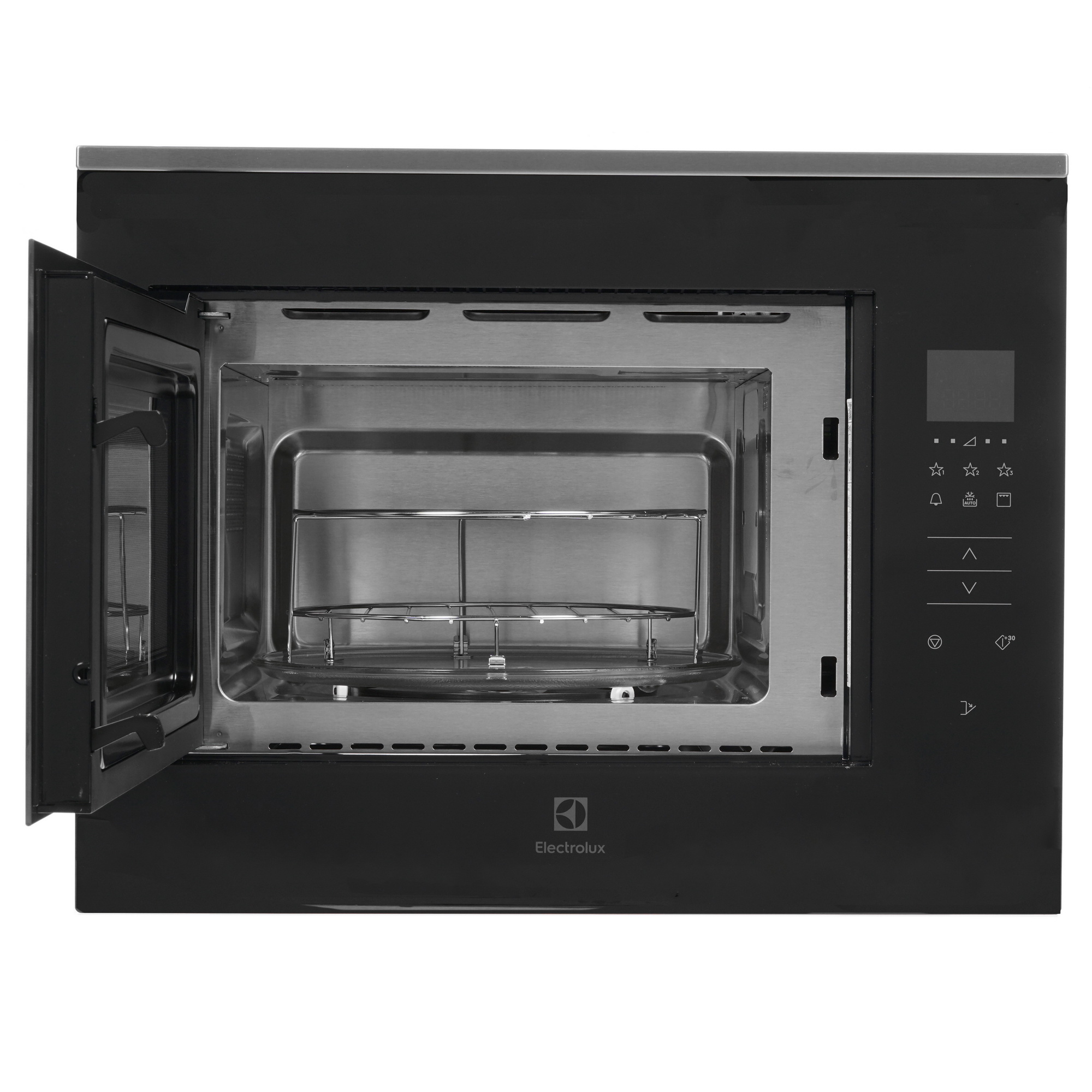 Electrolux KMFD264TEX встраиваемая микроволновая печь с открытой дверцей и сенсорной панелью управления