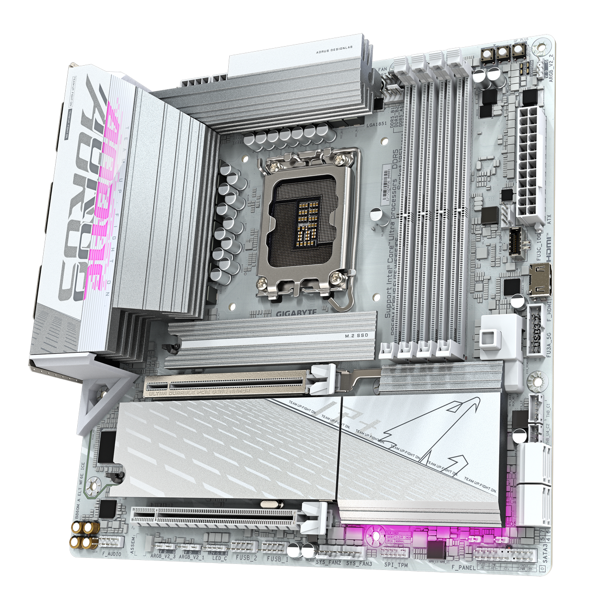 Gigabyte B860M Aorus Elite WiFi6E Ice в 3D-перспективе — радиаторы охлаждения чипсета и VRM, компоновка компонентов