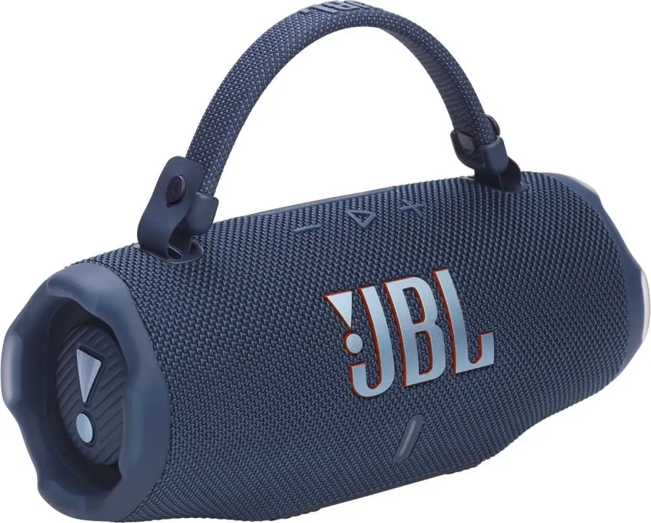 JBL Charge 6 Blue вид с трёх четвертей с ручкой для переноски