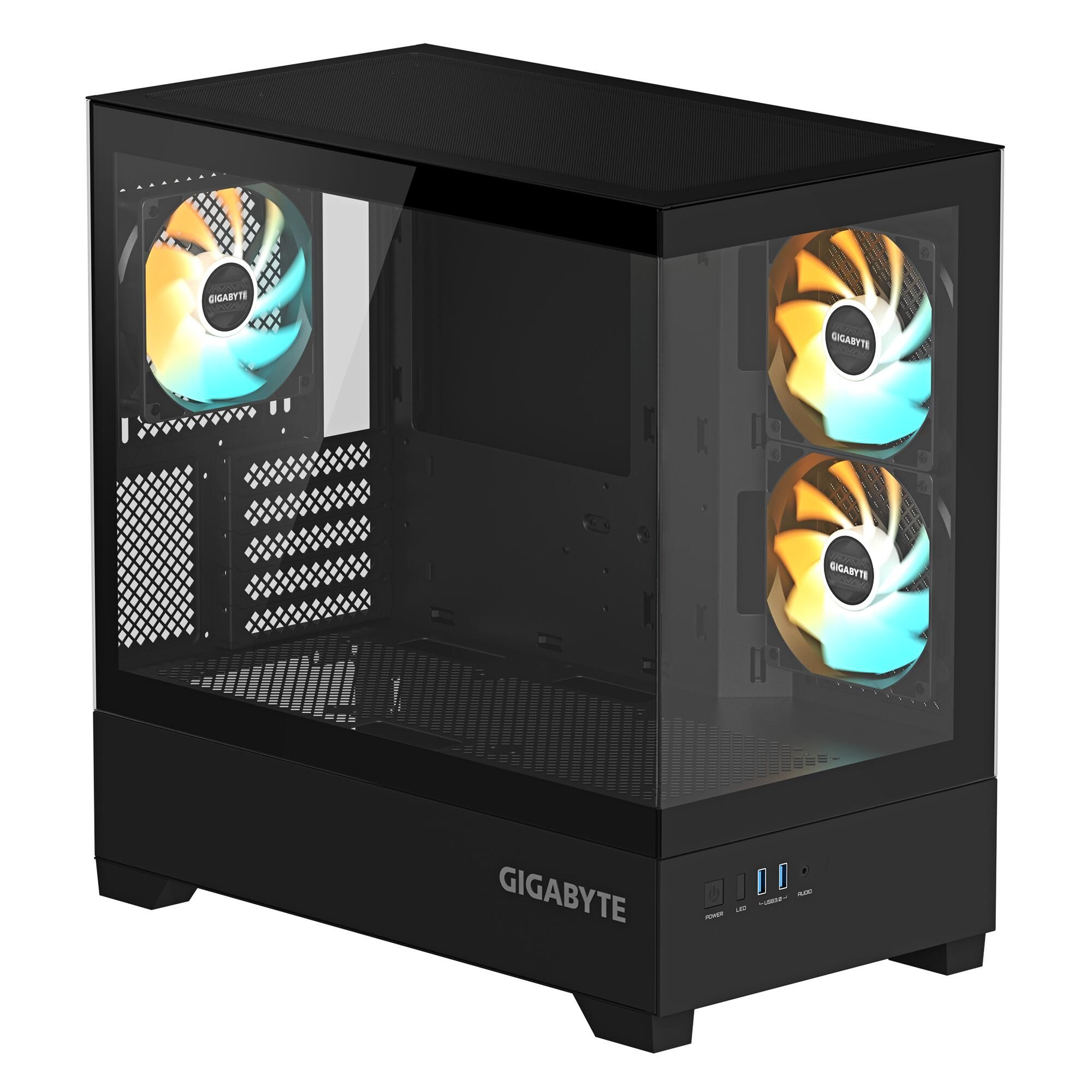 Gigabyte C201 Panoramic вид сбоку со стеклянной панелью и двумя светящимися ARGB вентиляторами