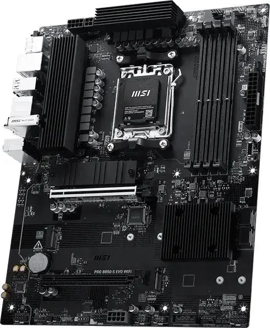 MSI Pro B850-S Evo WiFi вид сверху — сокет AM5, четыре слота DDR5 и радиатор VRM