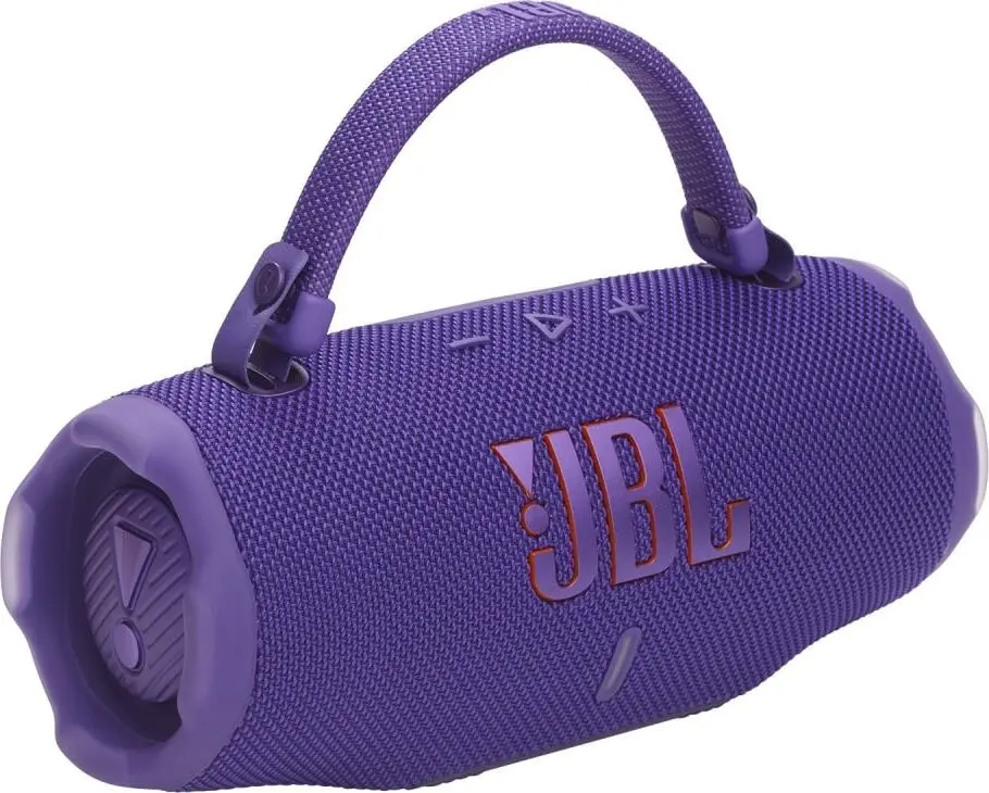 JBL Charge 6 Purple с ремешком для переноски компактный размер вид под углом
