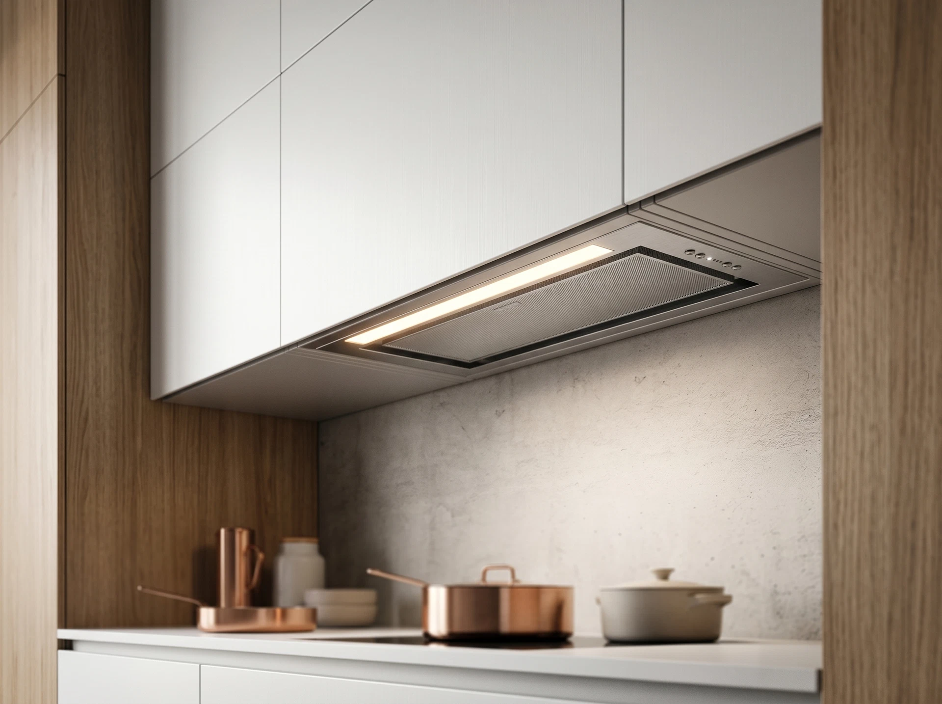 Elica Hidden Advance IX/A/52 в интерьере кухни &mdash; вытяжка скрыта в шкафу, рабочая зона без видимой техники