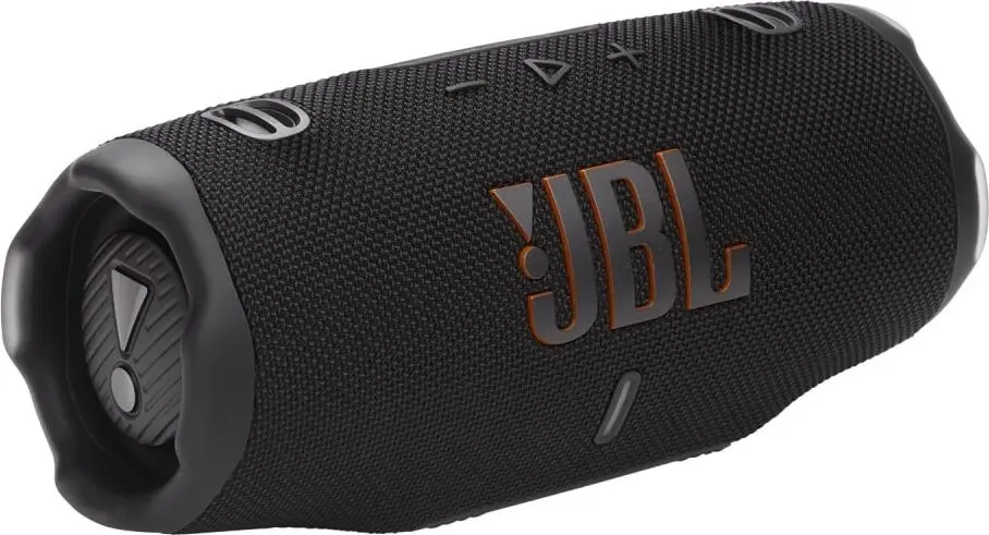 JBL Charge 6 Black вид сбоку &mdash; корпус с текстурированной поверхностью и ремешком