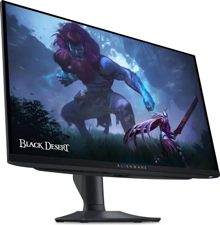Dell Alienware AW2725DF вид спереди под углом, экран включён с игровым контентом