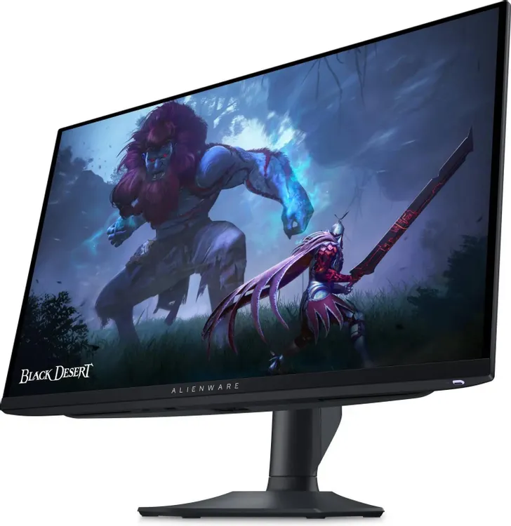 Dell Alienware AW2725DF вид сбоку, тонкий профиль корпуса и регулируемая подставка