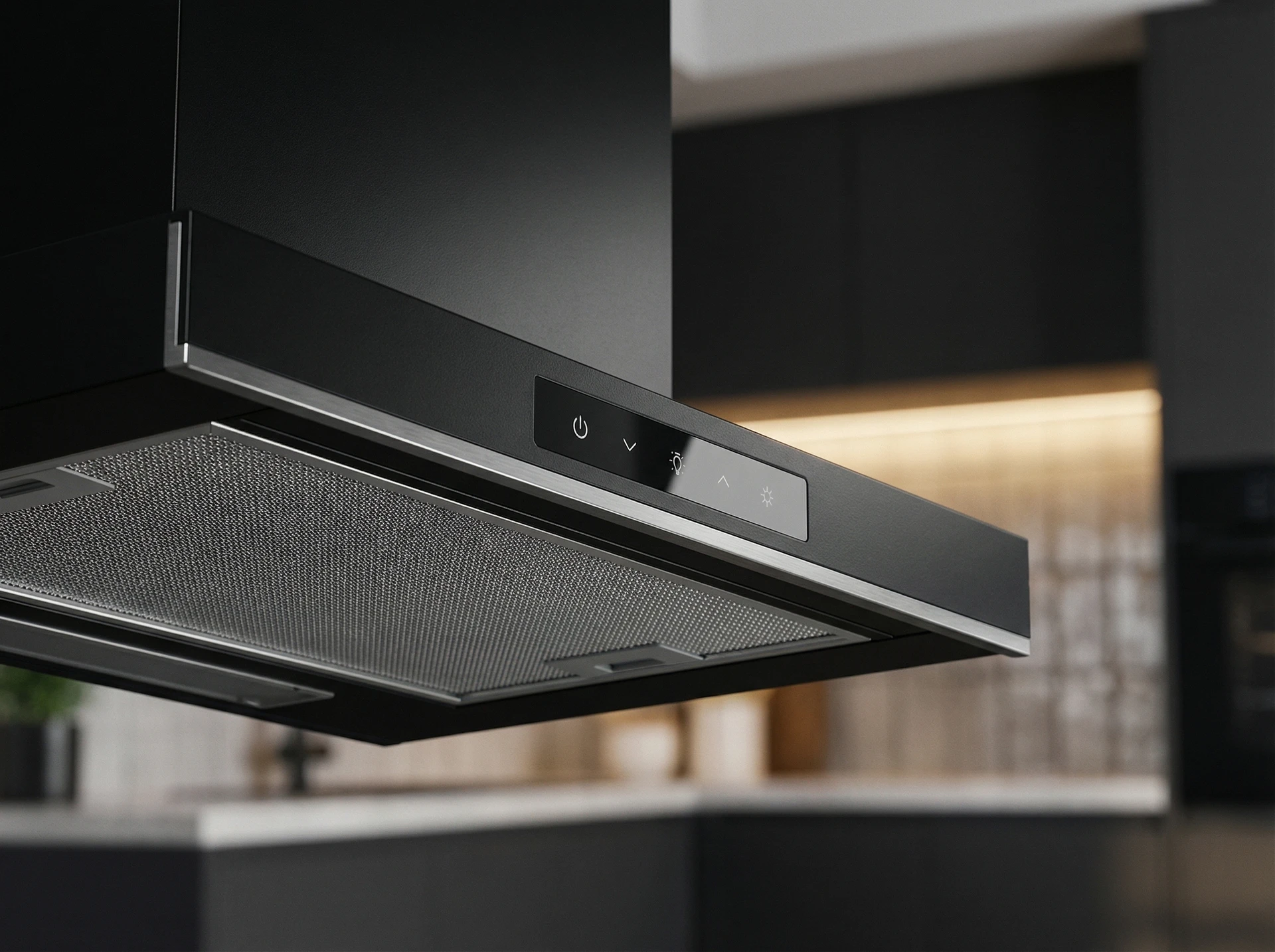 Meferi Light SlideBox60BK чёрная встраиваемая вытяжка в закрытом положении в современном кухонном интерьере