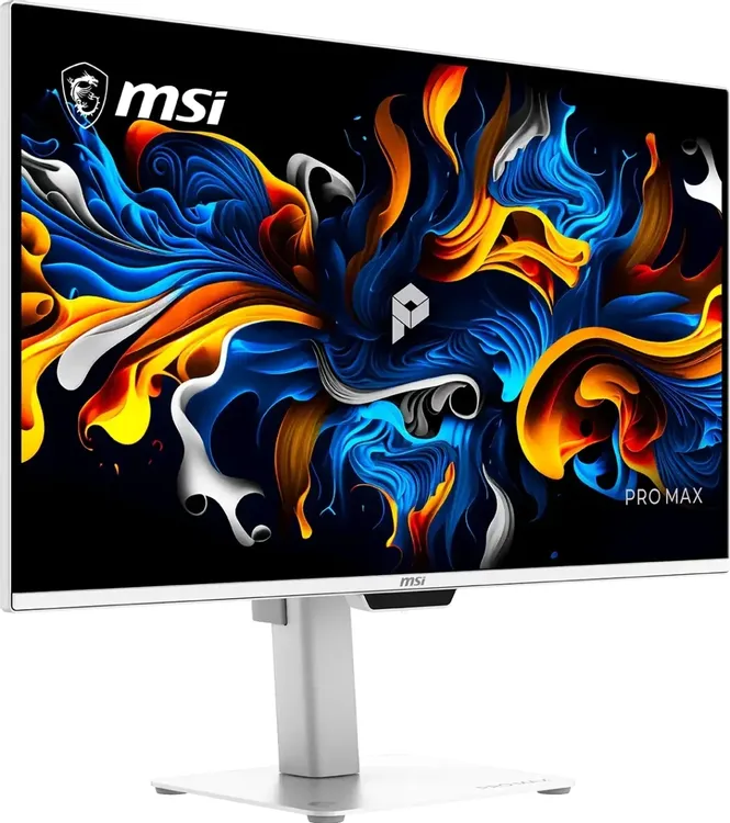 MSI Max 271UPXW12G вид спереди на белой подставке с ярким изображением на экране