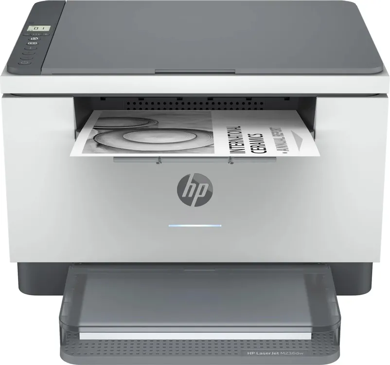 HP LaserJet M236dw вид спереди с открытым лотком подачи, крышкой сканера и примером документа