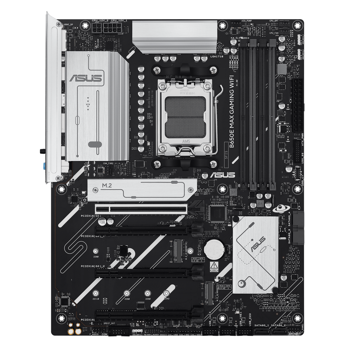 ASUS B650E Max Gaming WiFi материнская плата AM5 вид спереди — сокет, VRM-радиаторы, PCIe и M.2 слоты