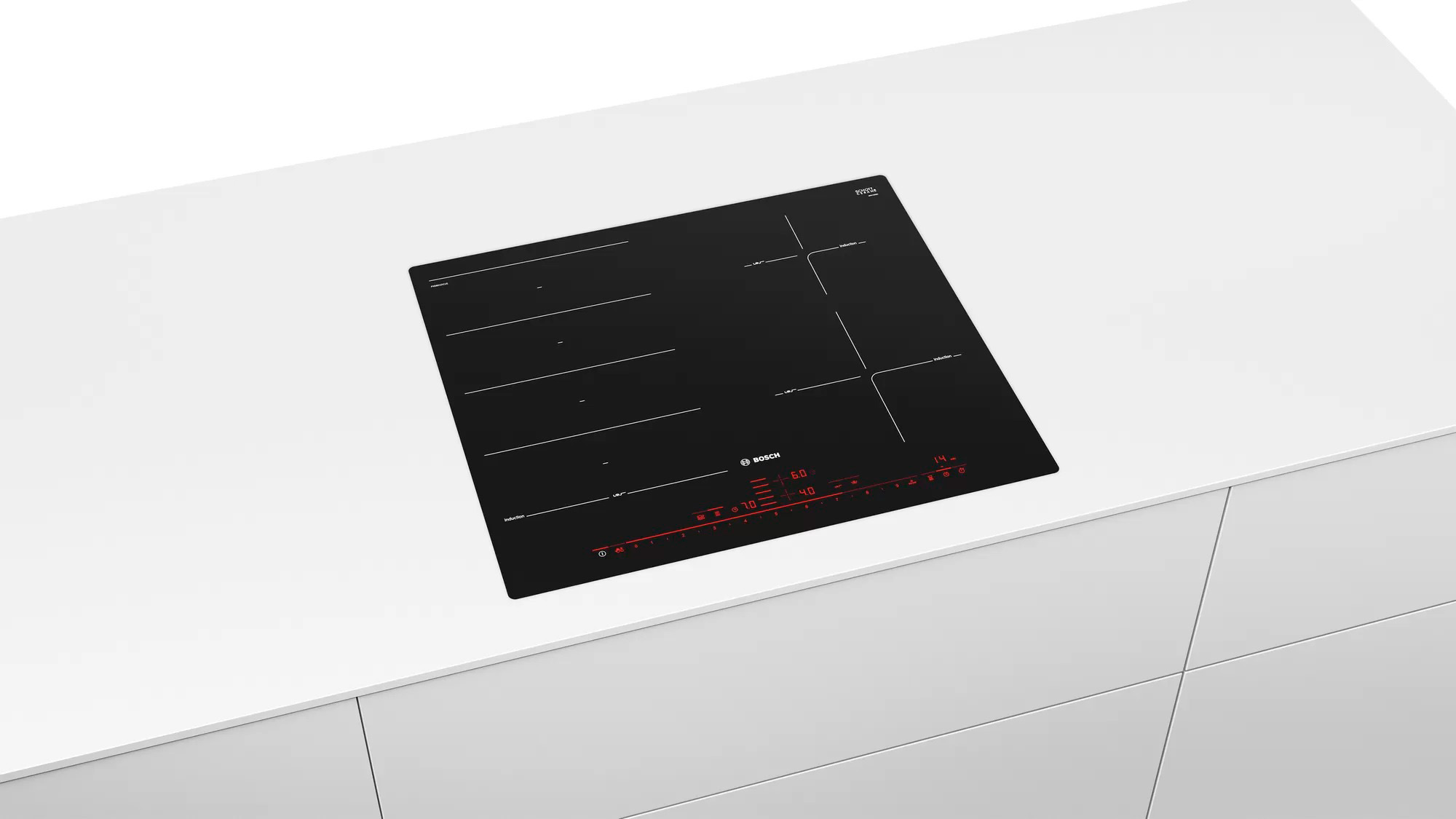 Bosch PXE601DC1E встроена в белую кухонную столешницу — вид сверху на четыре конфорки и красную панель управления