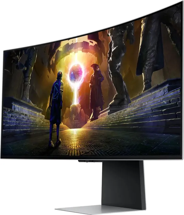 Samsung Odyssey OLED G8 S34DG852SIXCI &mdash; боковой профиль изогнутого экрана и тонкая подставка