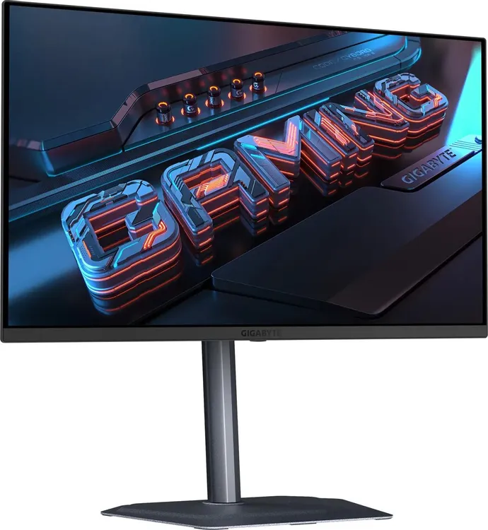 Gigabyte MO27Q2A EK вид спереди &mdash; QD-OLED монитор 27 дюймов с неоновым игровым контентом на экране