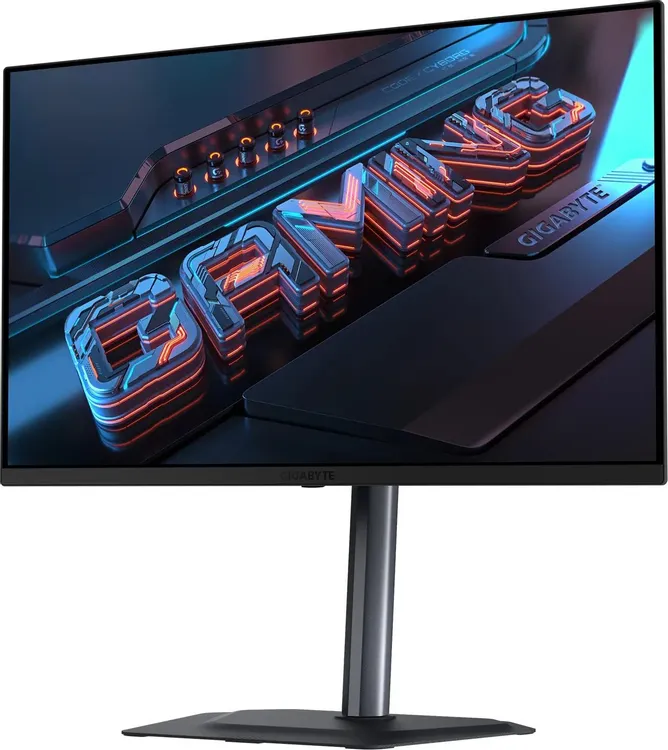 Gigabyte MO27Q2A EK вид под углом &mdash; тонкий корпус, безрамочный дизайн, игровой контент на экране