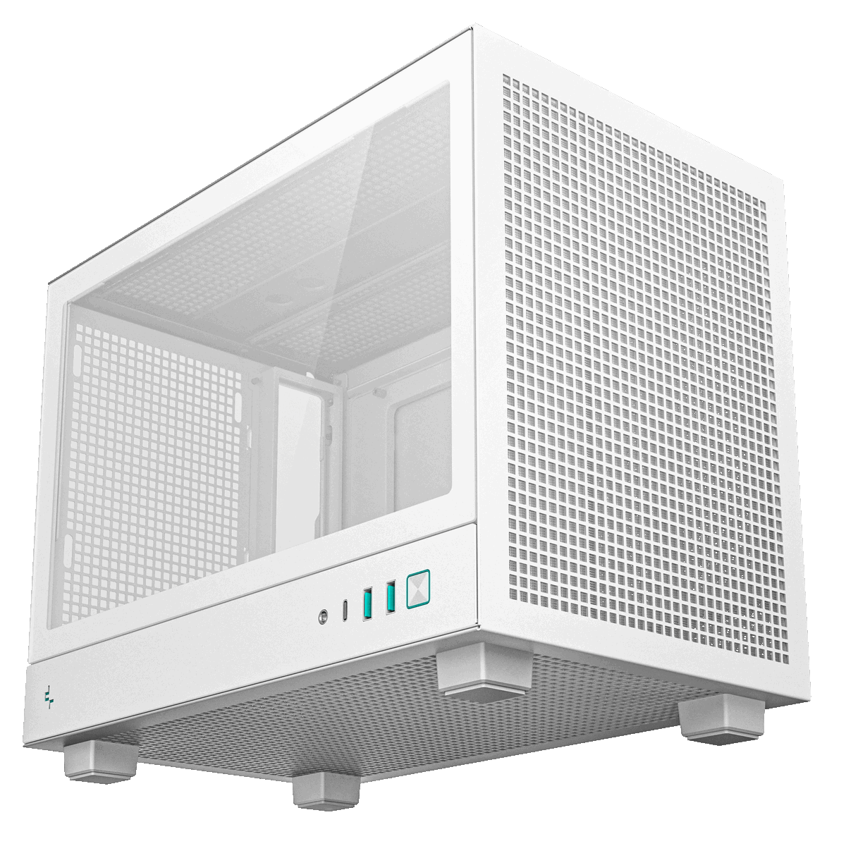 DeepCool CH160 белый вид спереди и сбоку с USB-портами и кнопками питания на боковой панели