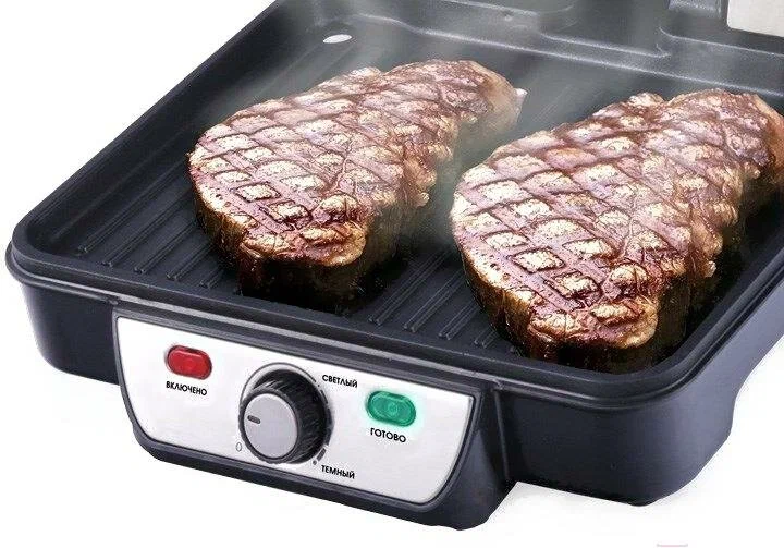 Centek CT-1463 электрогриль — рифлёная поверхность со стейками, панель с регулятором температуры