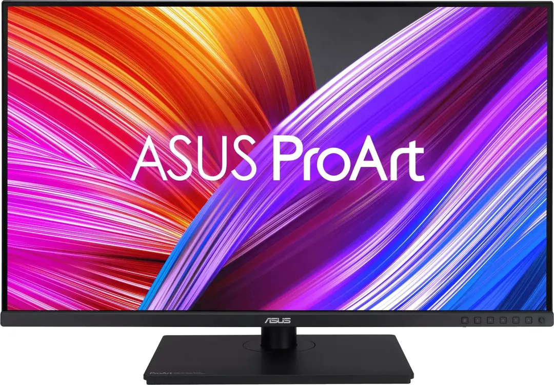 ASUS PA328QV вид спереди на подставке, экран с демонстрацией цветных полос