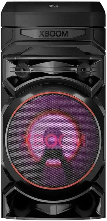 LG RNC5 минисистема вид спереди — большой НЧ-динамик 203 мм и LED-подсветка