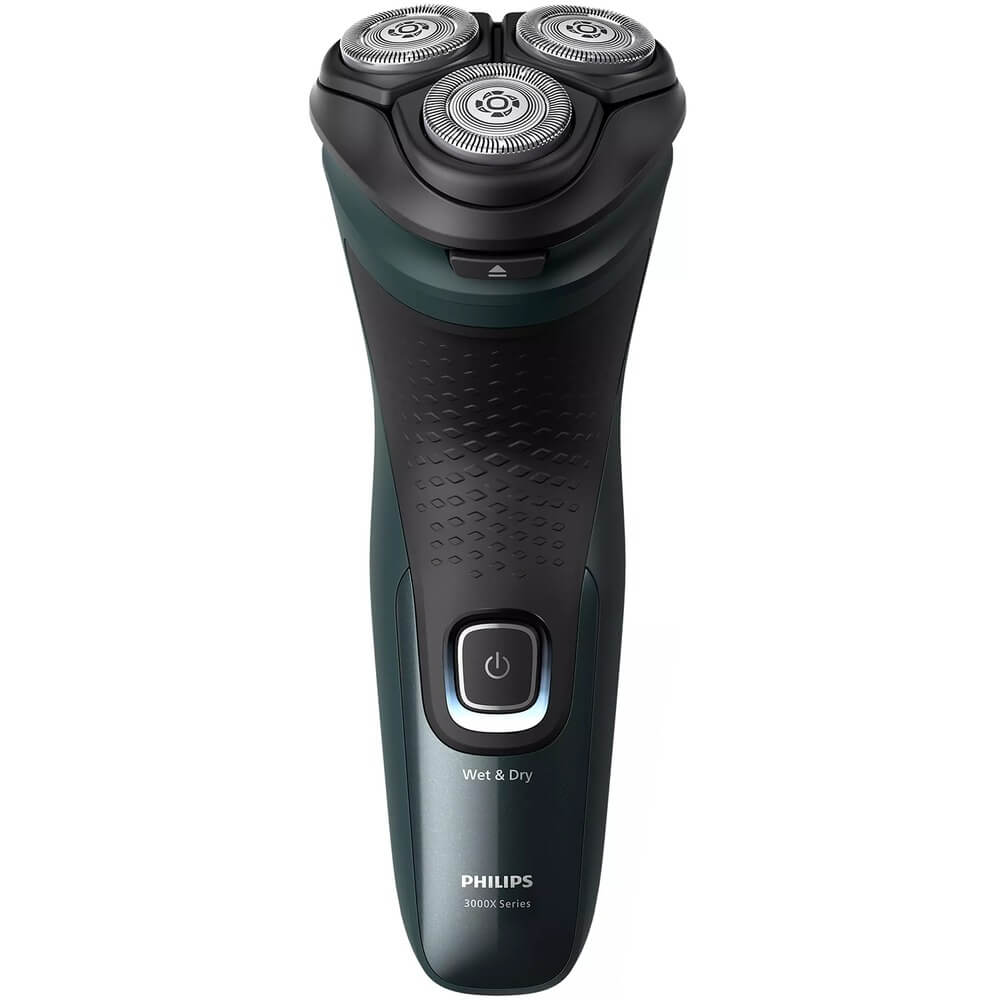 Philips X3052/00 вид спереди &mdash; три роторных головки PowerCut и кнопка питания