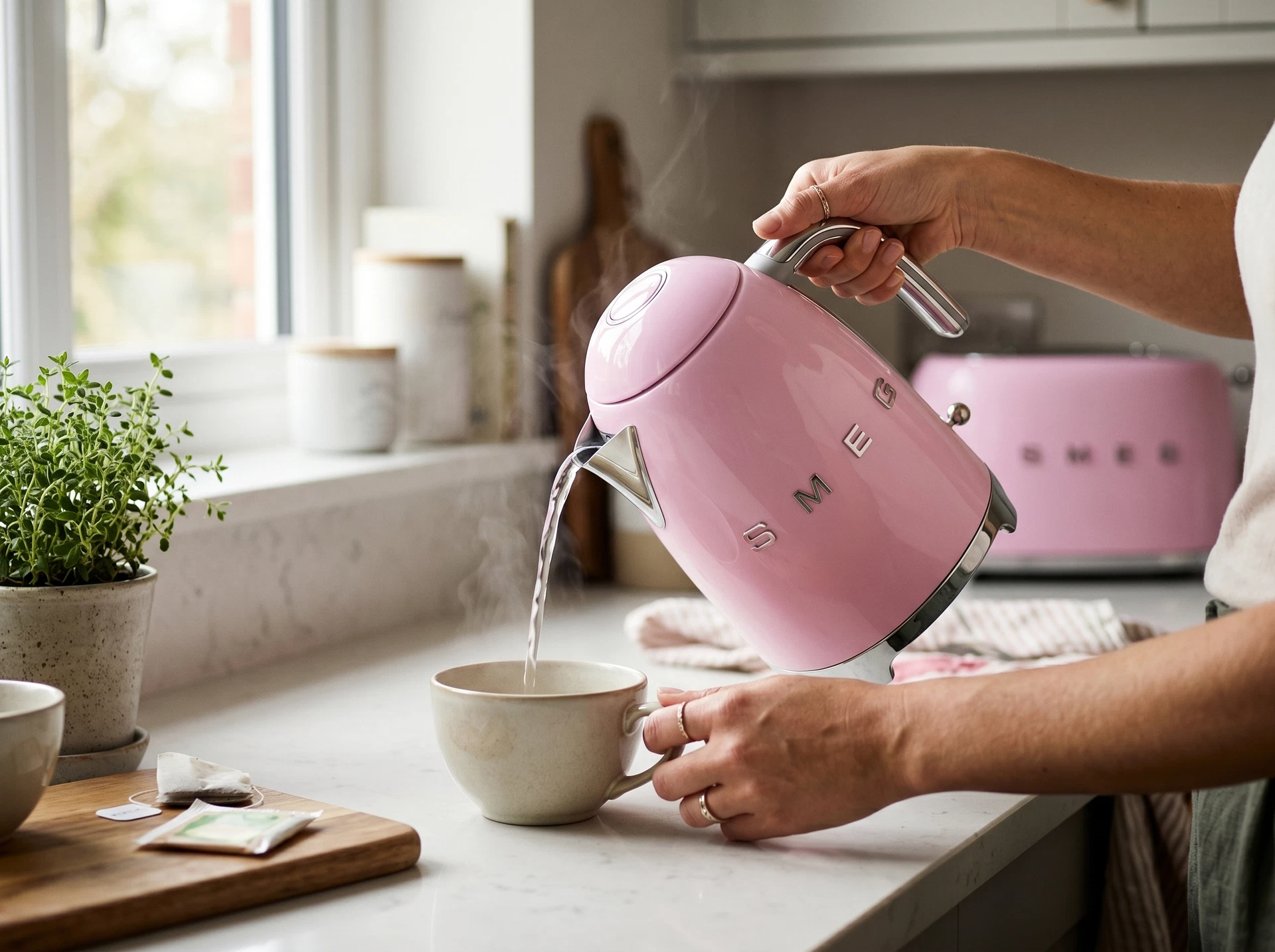 Smeg KLF03PKEU розовый чайник в интерьере кухни пастельная гамма