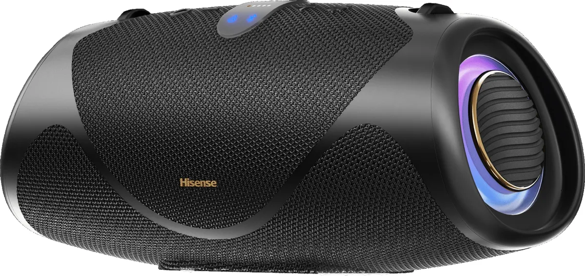 Hisense WeBoom 140 Вт вид спереди с фиолетово-синей LED-подсветкой